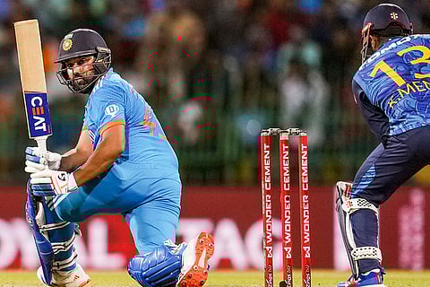 Rohit Sharma plays a shot against Sri Lanka